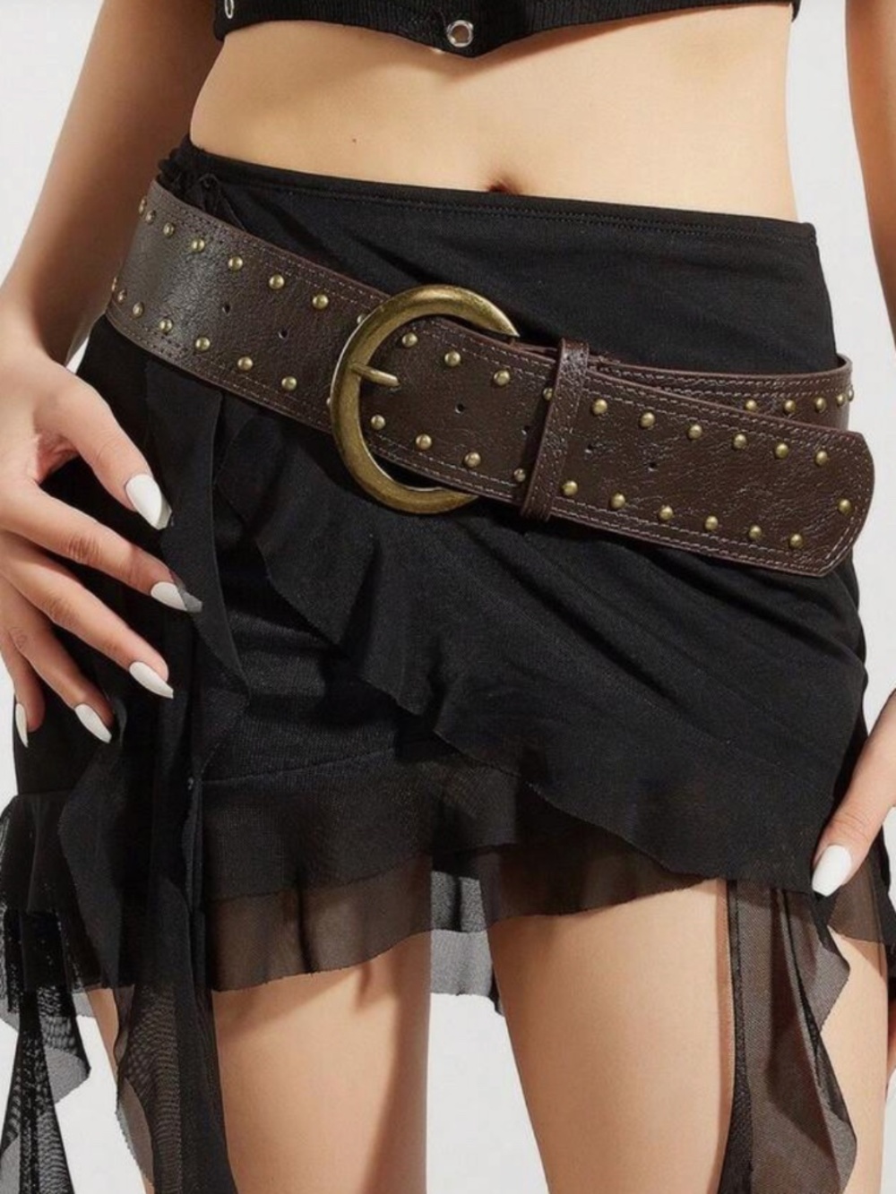 Boho Studded Wide Waist Belt Brown Faux Leather Brass Buckle 40” Long